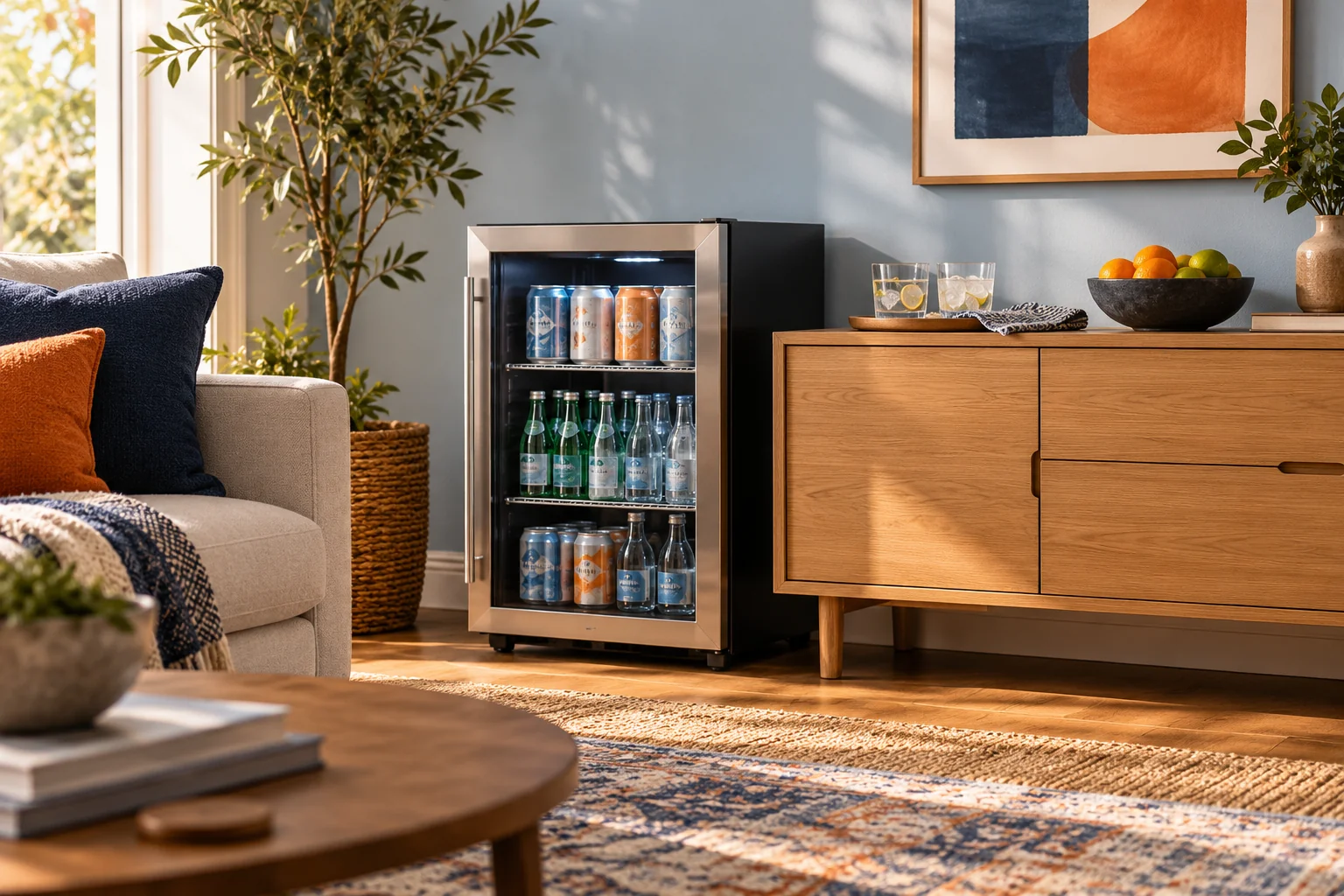 Apartment drinks corner with an unbranded freestanding glass-door beverage cooler