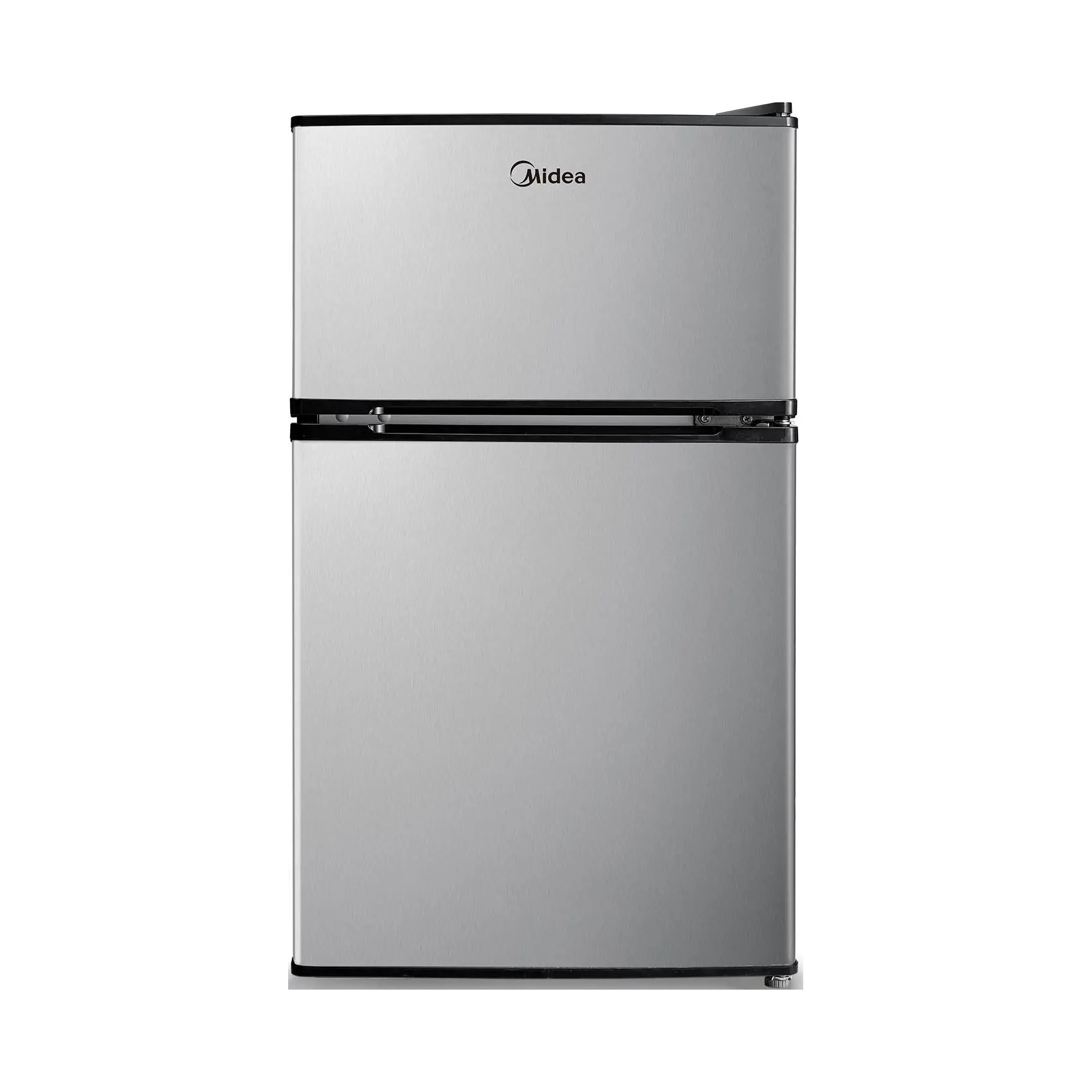 Midea WHD-113FSS1 stainless-steel compact refrigerator with separate freezer door
